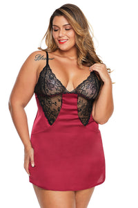 Red Coloblock Lace Cup Hollow-out Plus Size Babydoll - Aoka Styles Australia