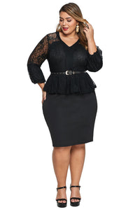 Black Plus Size Lace Bodice Peplum Dress with Belt - Aoka Styles Australia