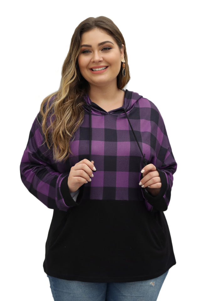 Purple Plaid Patchwork Plus Size Hoodie - Aoka Styles Australia