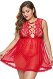 Red Hollow-out Bust Lace Upper Open Back Plus Size Babydoll - Aoka Styles Australia