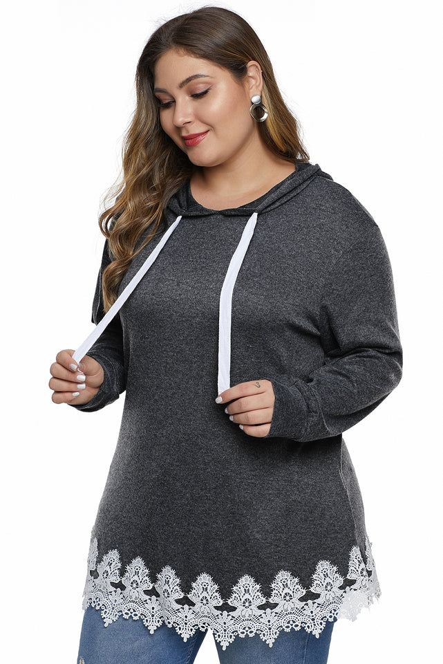 Gray Plus Size Supersoft Hoodie Sweatshirt With Lace Trim - Aoka Styles Australia