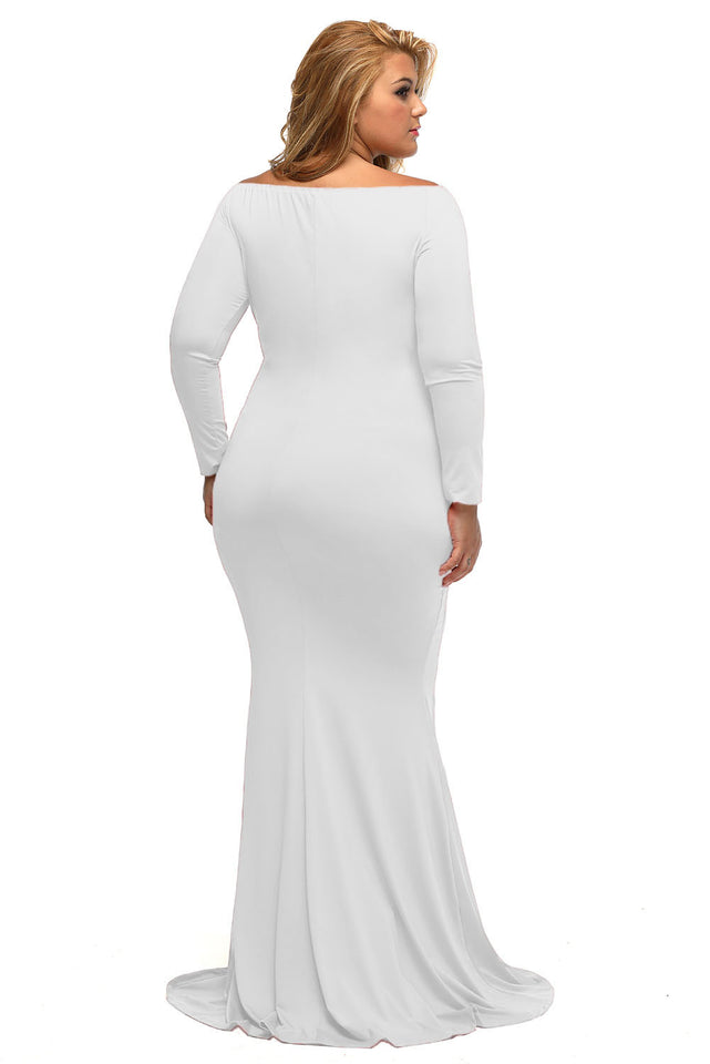 White Off-shoulder V Neck Long Sleeve Plus Long Dress - Aoka Styles Australia