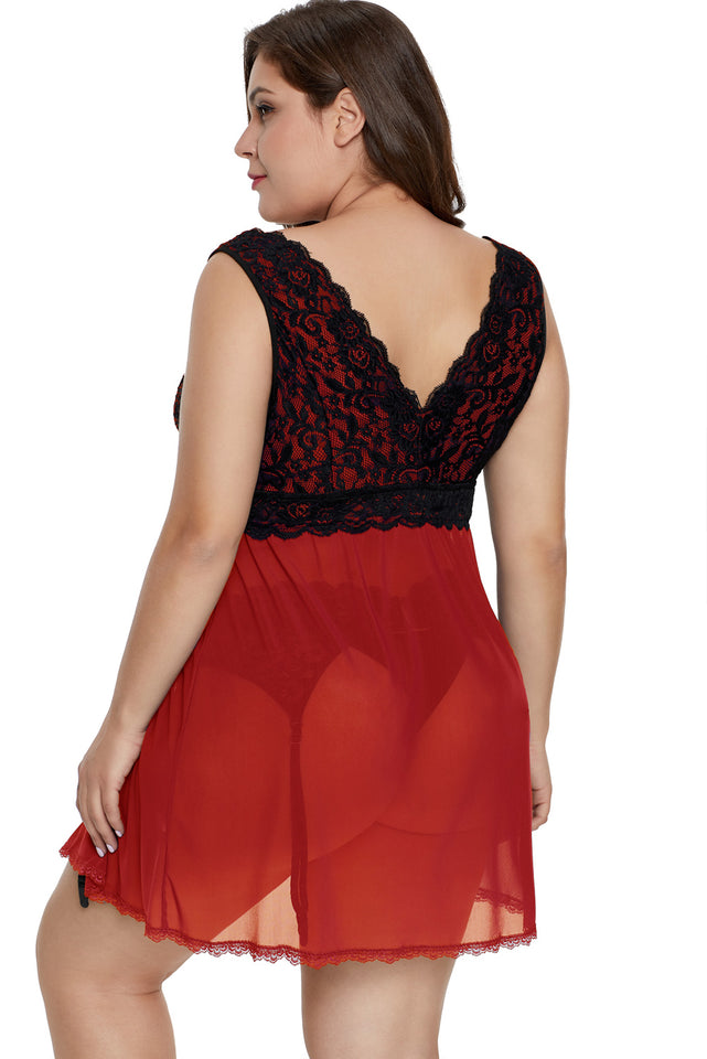 Red Lace Covered Tulle Plus Size Babydoll - Aoka Styles Australia