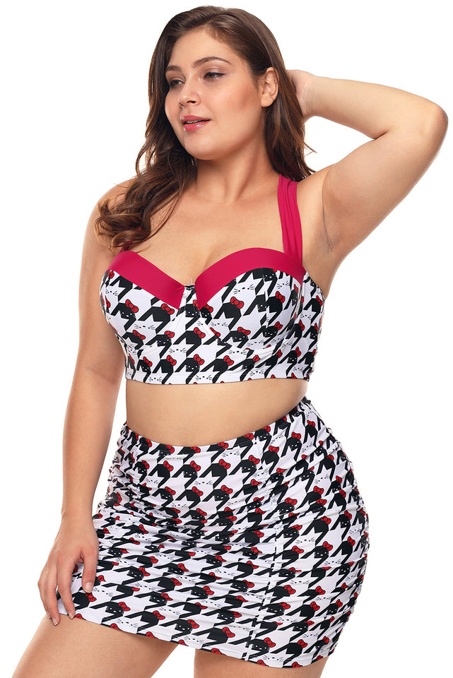 Black White Kitty Print Plus Size Bikini Top with Skirt Swimwear - Aoka Styles Australia