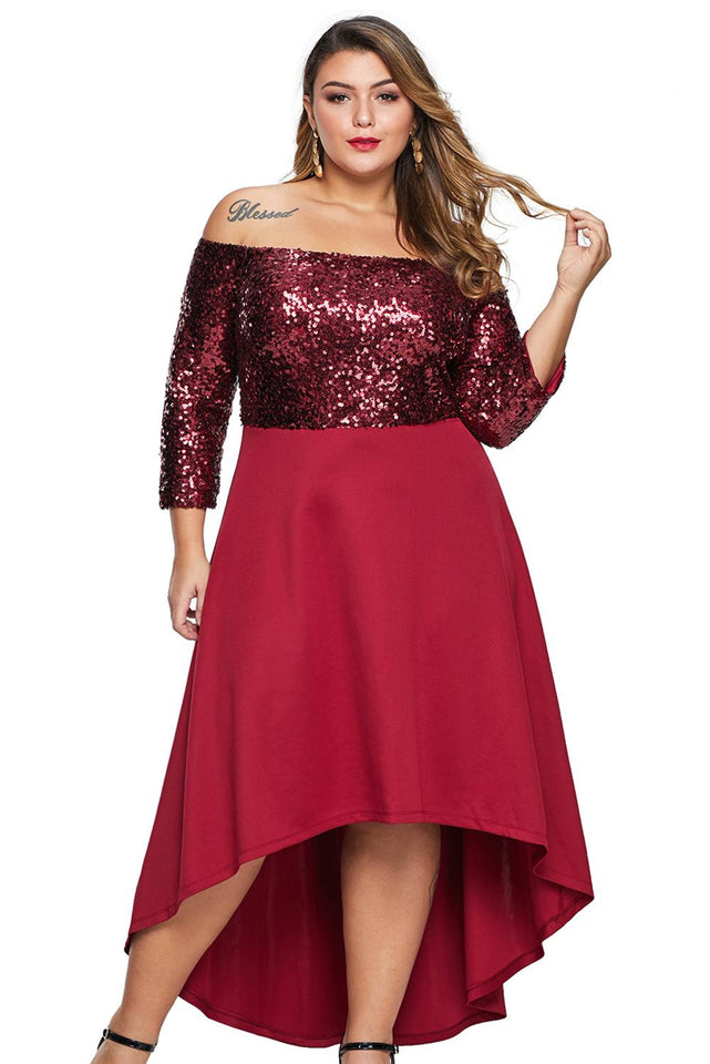 Red Off Shoulder Sequin Bodice Hi-lo Plus Size Dress - Aoka Styles Australia