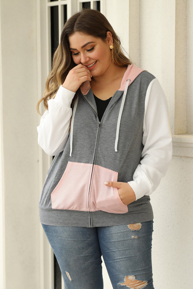 Pink Colorblock Hooded Zip Plus Size Jacket - Aoka Styles Australia