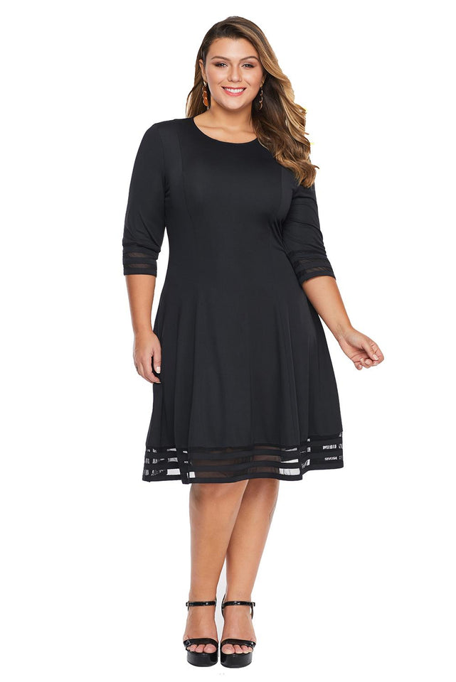 Black 3/4 Length Sleeve Gauze Patchwork Flare Plus Size Dress - Aoka Styles Australia