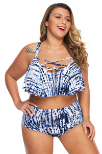 Plus Size Blue Strappy High Waist Swimwear - Aoka Styles Australia