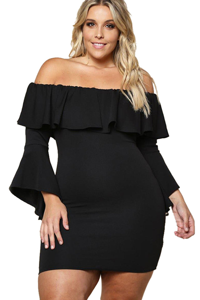 Black Plus Size Off Shoulder Layered Ruffle Bodycon Dress - Aoka Styles Australia