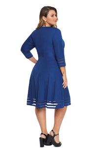 Blue 3/4 Length Sleeve Gauze Patchwork Flare Plus Size Dress - Aoka Styles Australia