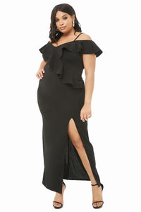 Black Plus Size Open Shoulder Ruffle Dress - Aoka Styles Australia