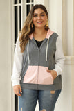 Pink Colorblock Hooded Zip Plus Size Jacket - Aoka Styles Australia