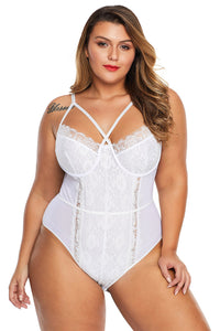 White Cross Front Lace Detail Plus Size Teddy - Aoka Styles Australia