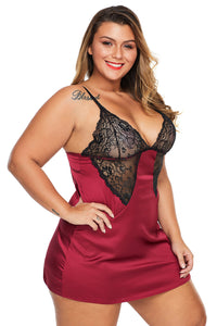 Red Coloblock Lace Cup Hollow-out Plus Size Babydoll - Aoka Styles Australia