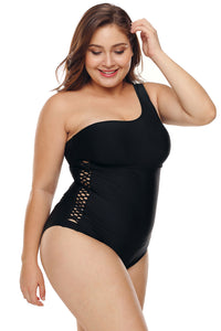 One Shoulder Grid Cutout Side Plus Size Maillot Swimwear - Aoka Styles Australia