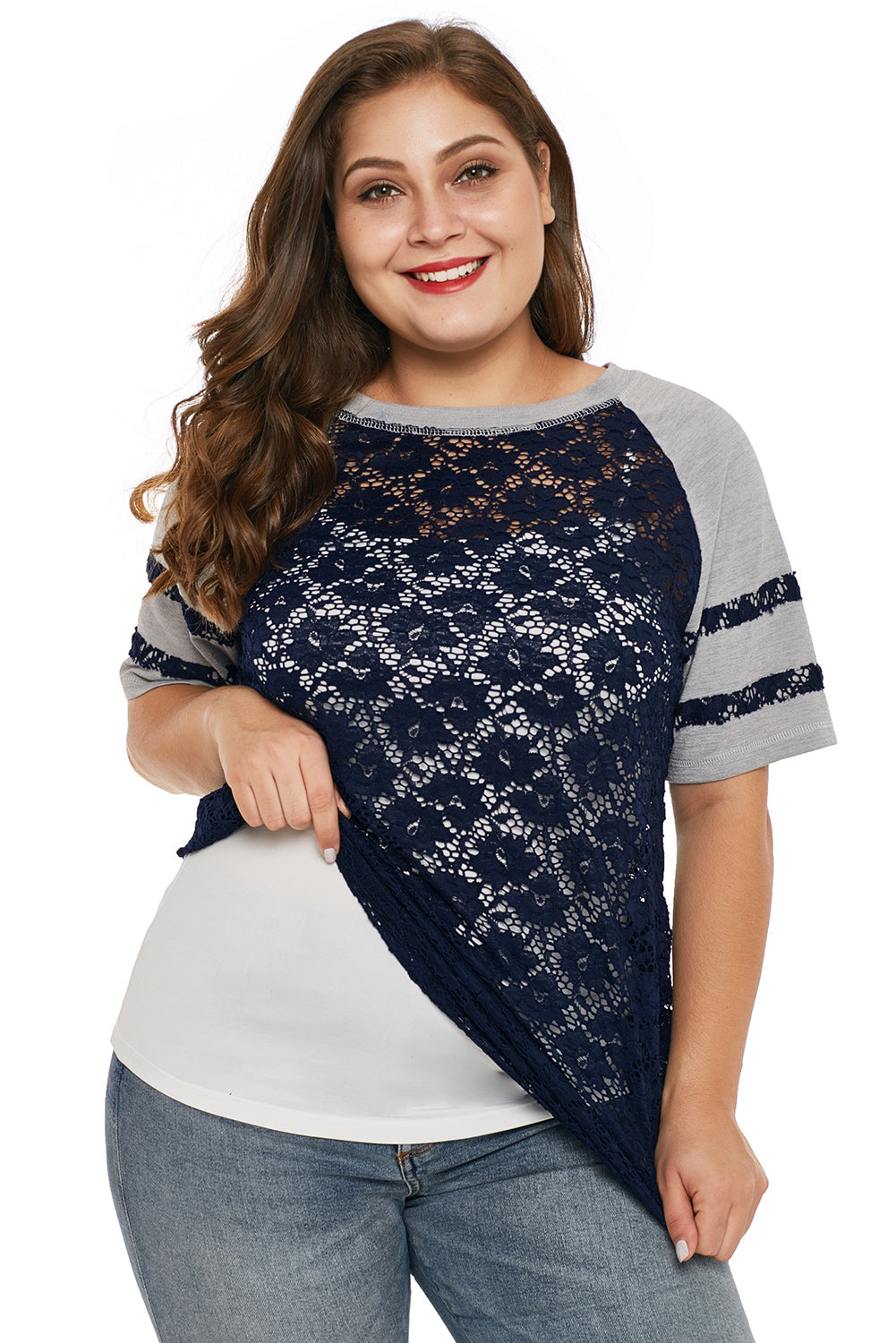 Blue Lace Panel Raglan Sleeve Plus Size T-shirt - Aoka Styles Australia