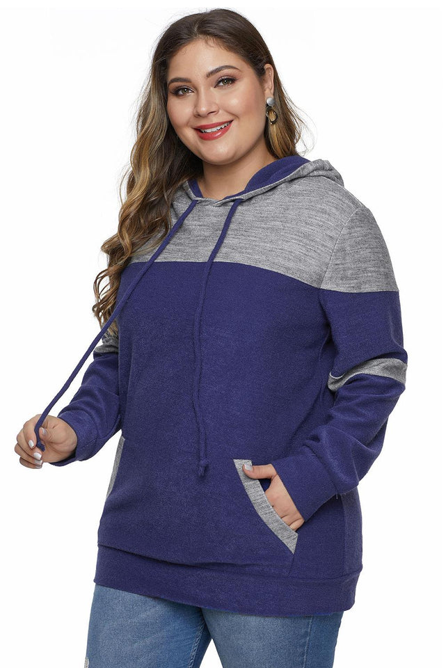 Blue Color Block Pullover Plus Size Hoodie with Pocket - Aoka Styles Australia