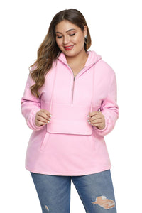 Pink Zip Neck Drawstring Plus Size Hoodie - Aoka Styles Australia