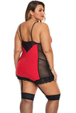 Red Garter Attached Lace Hybrid Mesh Plus Size Chemise - Aoka Styles Australia