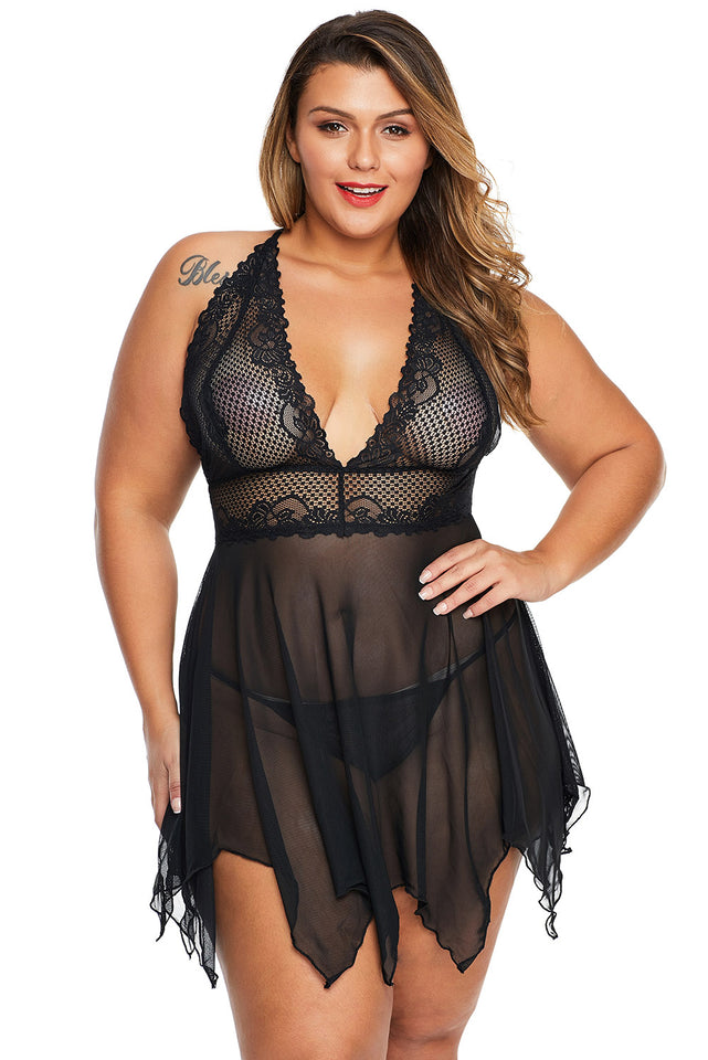 Black Deep V Neck Halter Plus Size Babydoll - Aoka Styles Australia