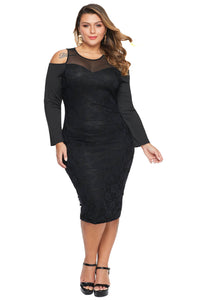 Black Cold Shoulder Mesh Yoke Plus Size Dress - Aoka Styles Australia