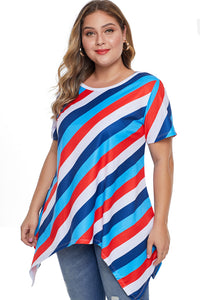 Blue Plus Size Striped Sharkbite Tee - Aoka Styles Australia