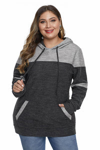 Black Color Block Pullover Plus Size Hoodie with Pocket - Aoka Styles Australia