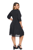 Black 3/4 Length Sleeve Gauze Patchwork Flare Plus Size Dress - Aoka Styles Australia