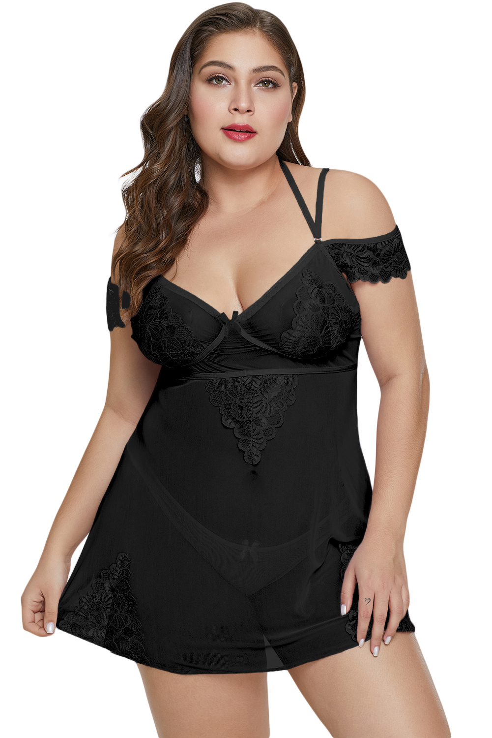 Black Plus Size Floral Lace Applique Mesh Babydoll - Aoka Styles Australia