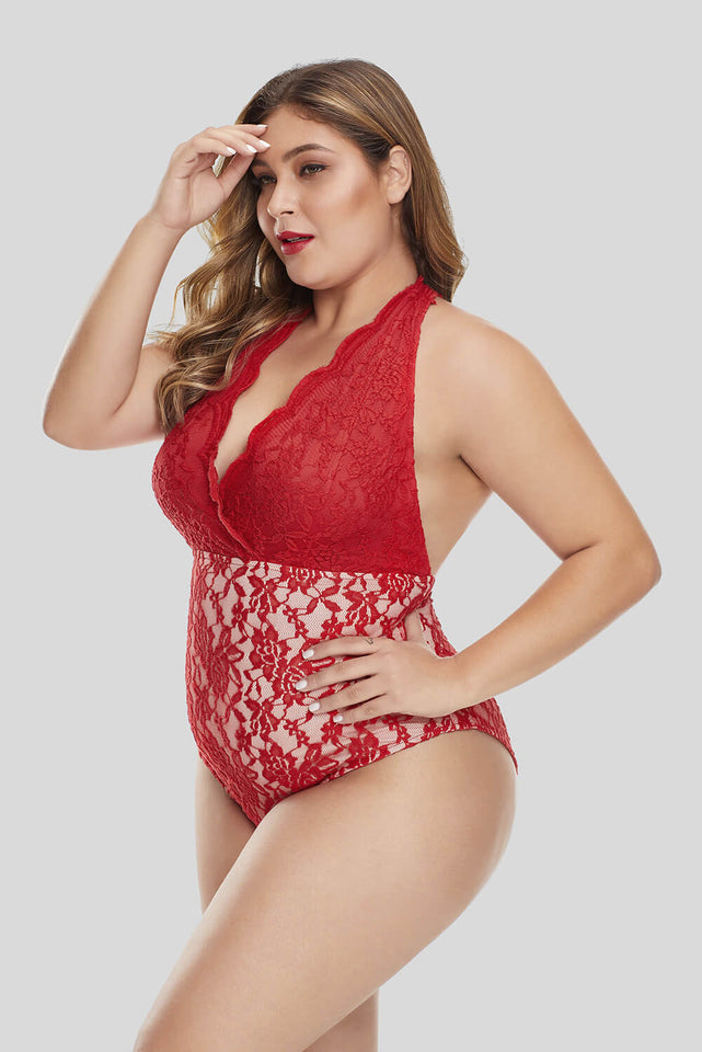 Red Plus Size Deep V Neck Floral Lace Lined Bodysuit - Aoka Styles Australia