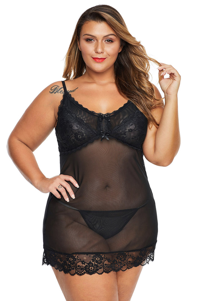 Black Lace Décor Plus Size Chemise Lingerie - Aoka Styles Australia