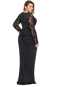 Black Deep V Neck Lace Sleeve Plus Size Front Slit Dress - Aoka Styles Australia