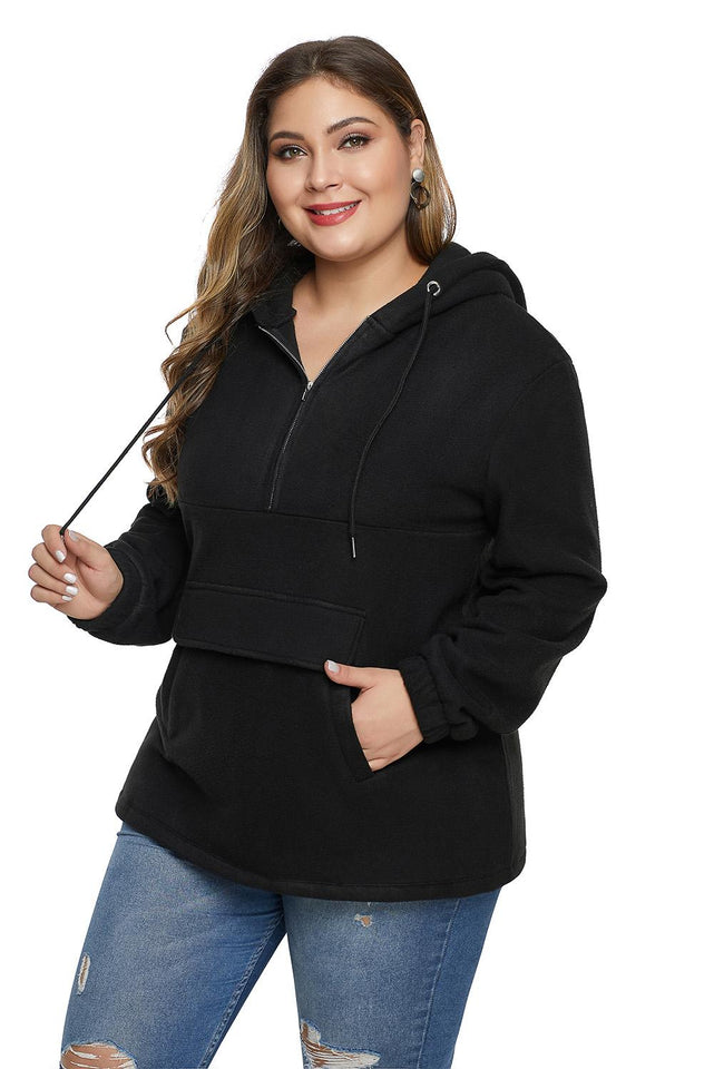 Black Zip Neck Drawstring Plus Size Hoodie - Aoka Styles Australia