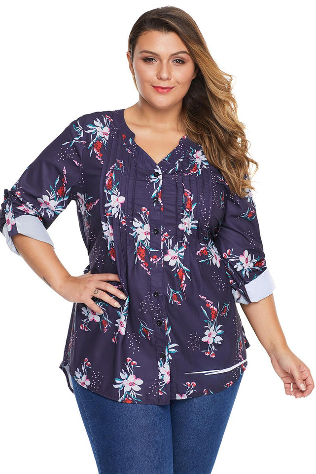 Purple Floral Pintuck Plus Size Blouse - Aoka Styles Australia