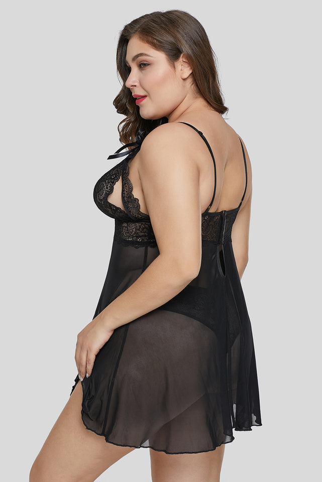 Plus Size Peek-A-Boo Babydoll & Thong Set - Aoka Styles Australia