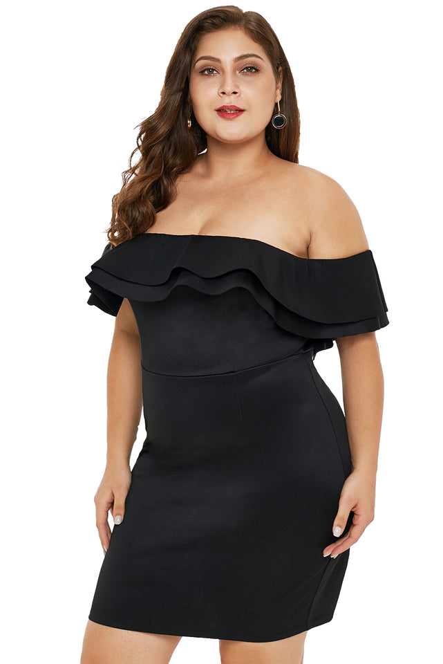 Black Layered Ruffle Off Shoulder Plus Size Dress - Aoka Styles Australia