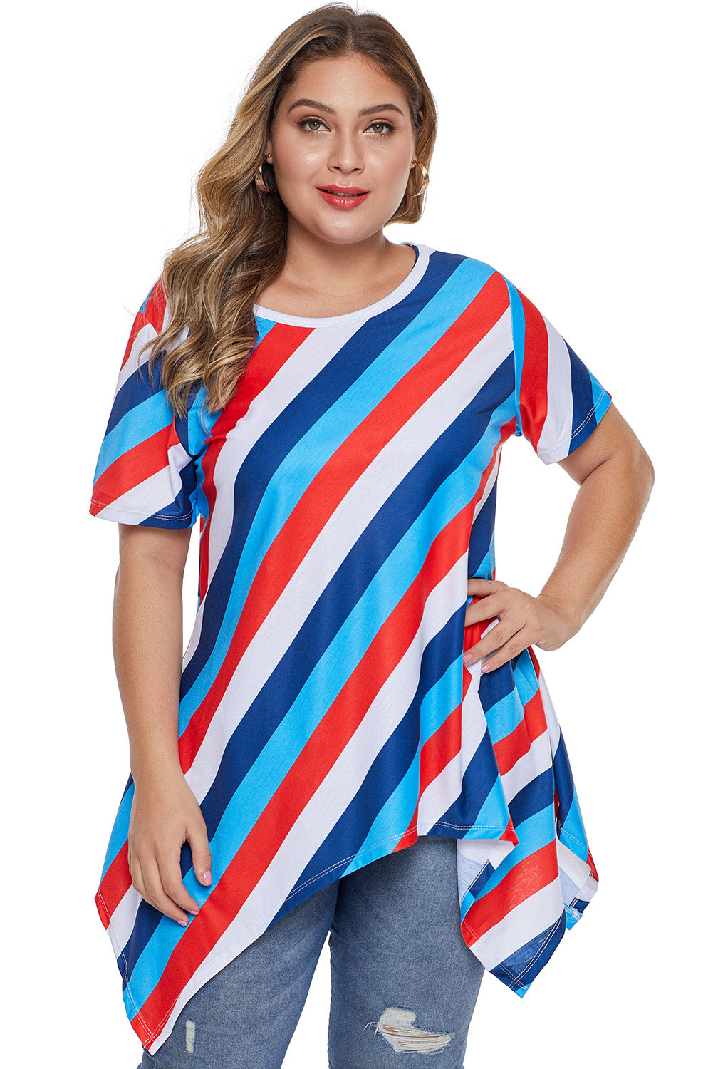 Blue Plus Size Striped Sharkbite Tee - Aoka Styles Australia