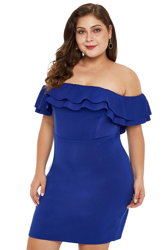 Blue Layered Ruffle Off Shoulder Plus Size Dress - Aoka Styles Australia