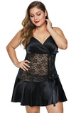 Black Wrapped V Neck Floral Lace Abdomen Plus Size Babydoll - Aoka Styles Australia