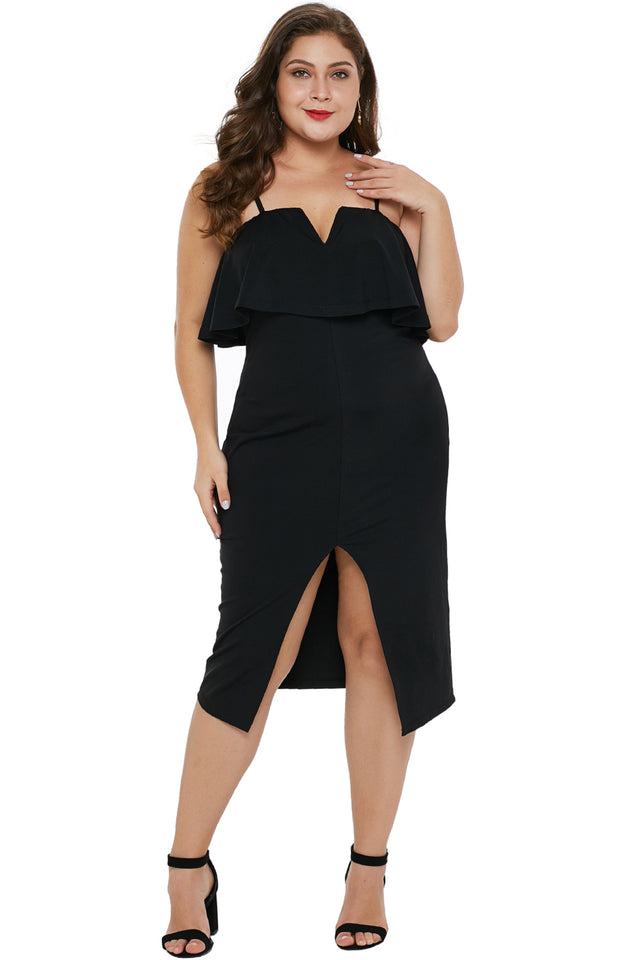 Black Ruffle Overlay Slit Front Plus Size Dress - Aoka Styles Australia