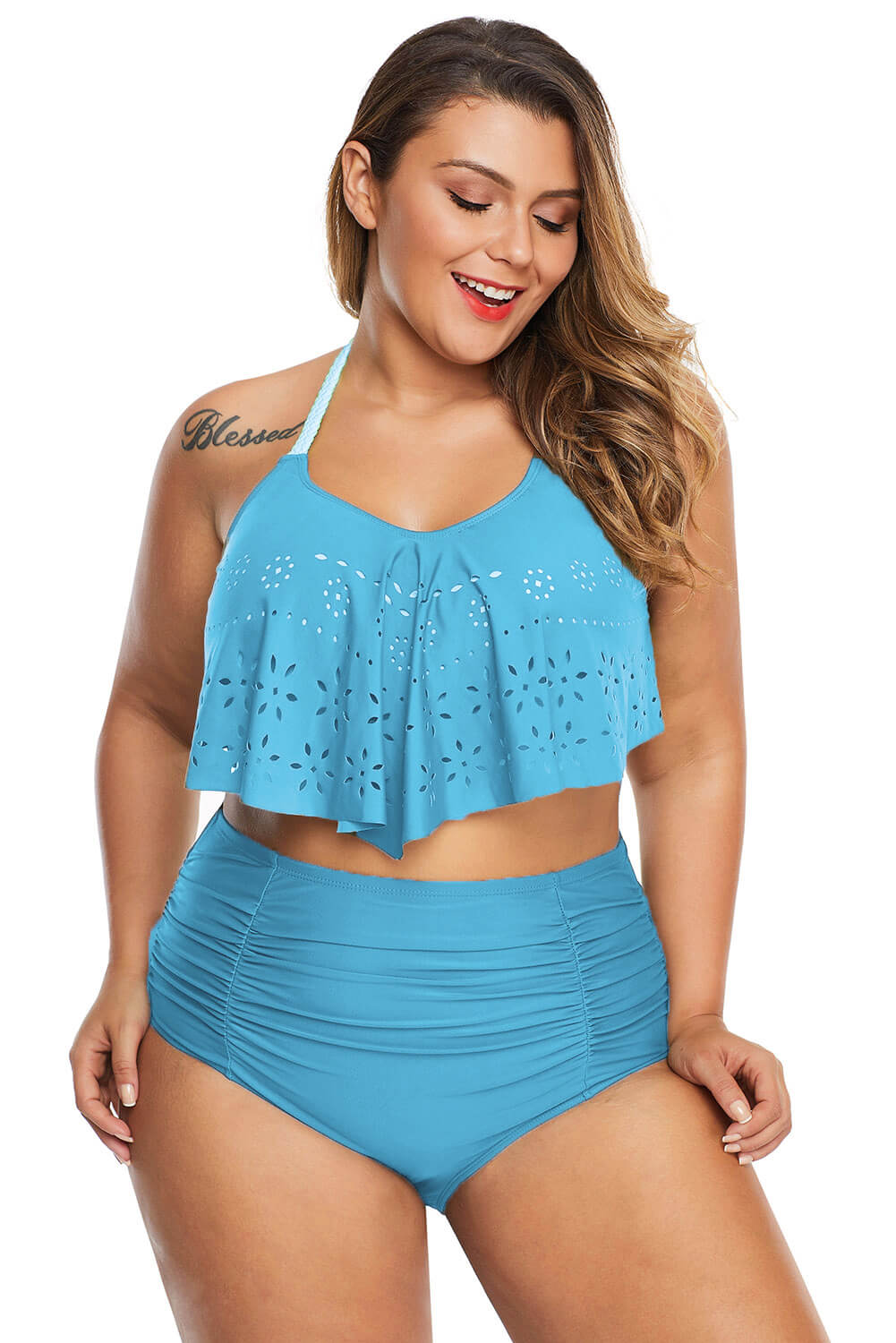 Sky Blue Allure Juniors Plus Size Laser Cut Flounce Swimwear - Aoka Styles Australia