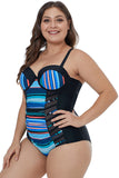 Black Blue Striped Block Patchwork Crisscross Plus Maillot - Aoka Styles Australia