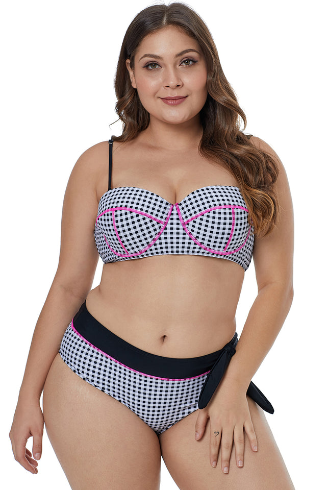 Contrast Piping Tartan Printed Pattern Plus Size Bikini - Aoka Styles Australia