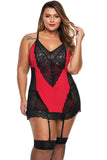 Red Garter Attached Lace Hybrid Mesh Plus Size Chemise - Aoka Styles Australia