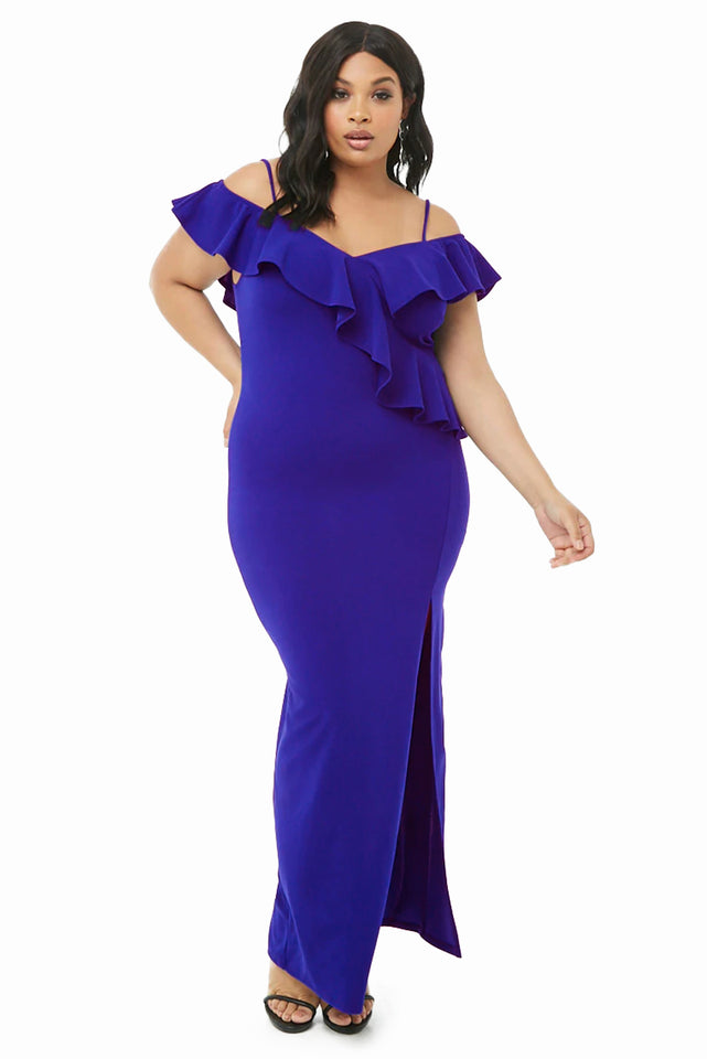 Blue Plus Size Open Shoulder Ruffle Dress - Aoka Styles Australia