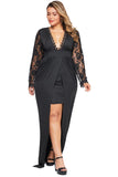 Black Deep V Neck Lace Sleeve Plus Size Front Slit Dress - Aoka Styles Australia