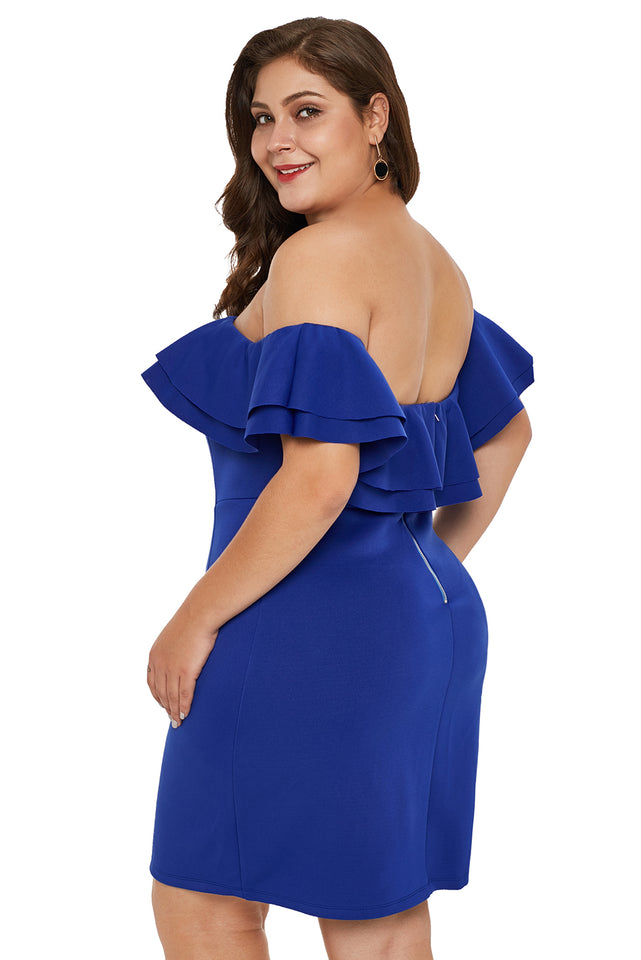 Blue Layered Ruffle Off Shoulder Plus Size Dress - Aoka Styles Australia