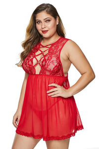 Red Hollow-out Bust Lace Upper Open Back Plus Size Babydoll - Aoka Styles Australia