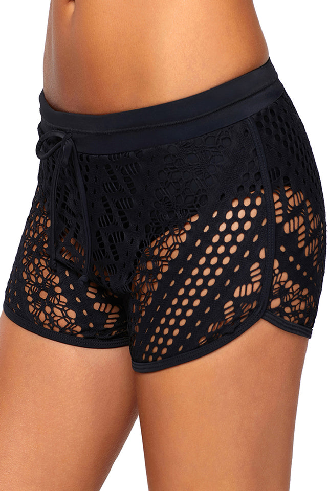 Black Drawstring Waist Lace Panel Plus Size Swimwear Shorts - Aoka Styles Australia