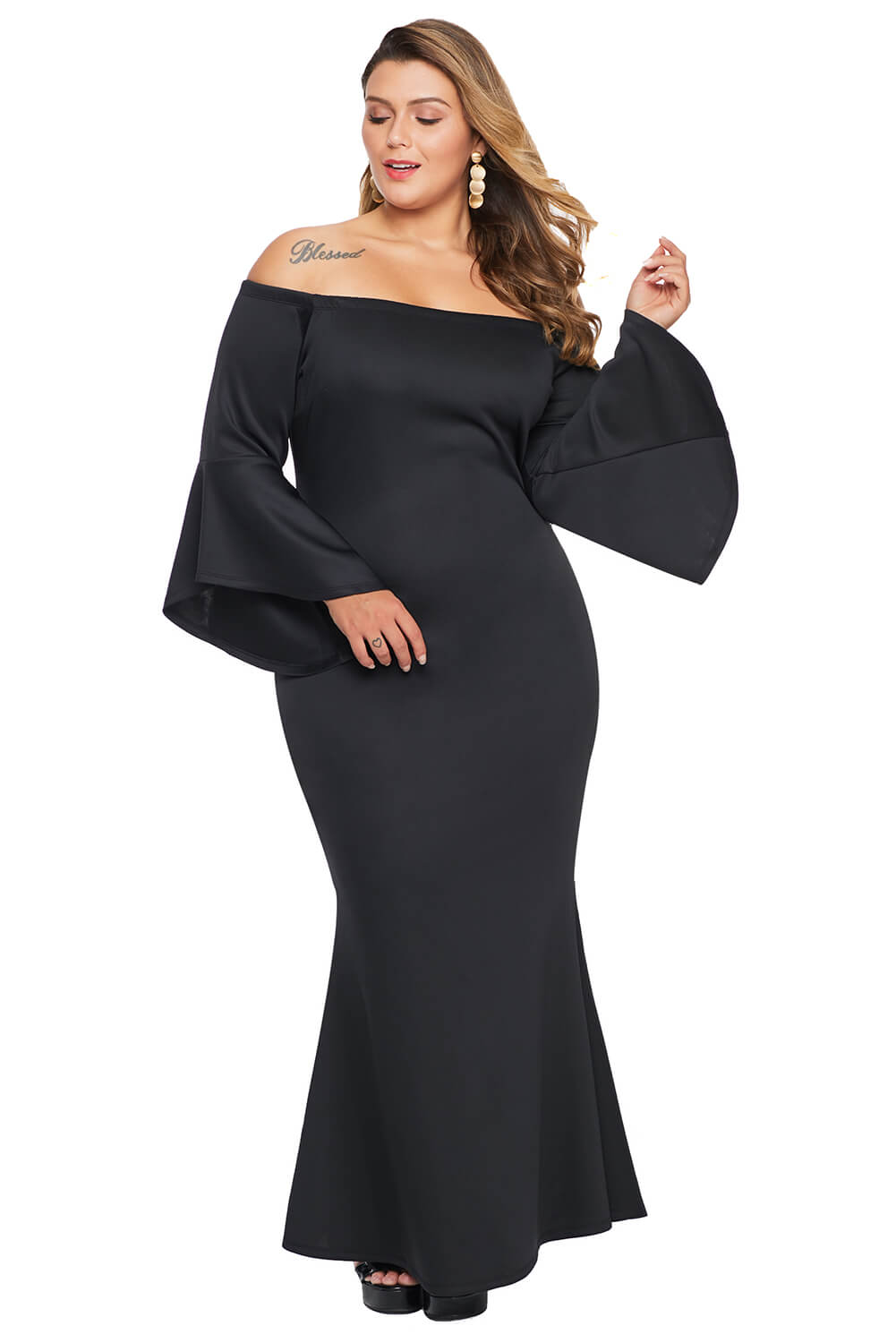 Black Plus Size Off Shoulder Flare Sleeve Maxi Dress - Aoka Styles Australia